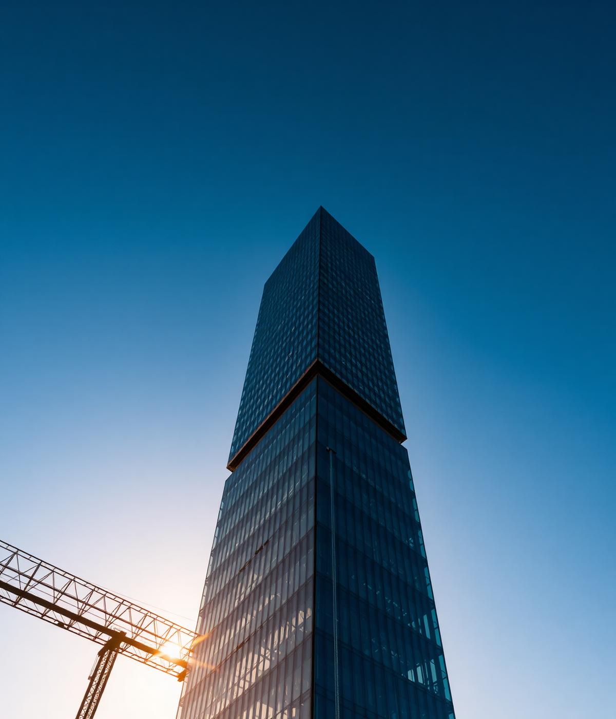 Modern glass tower under construction at golden hour
