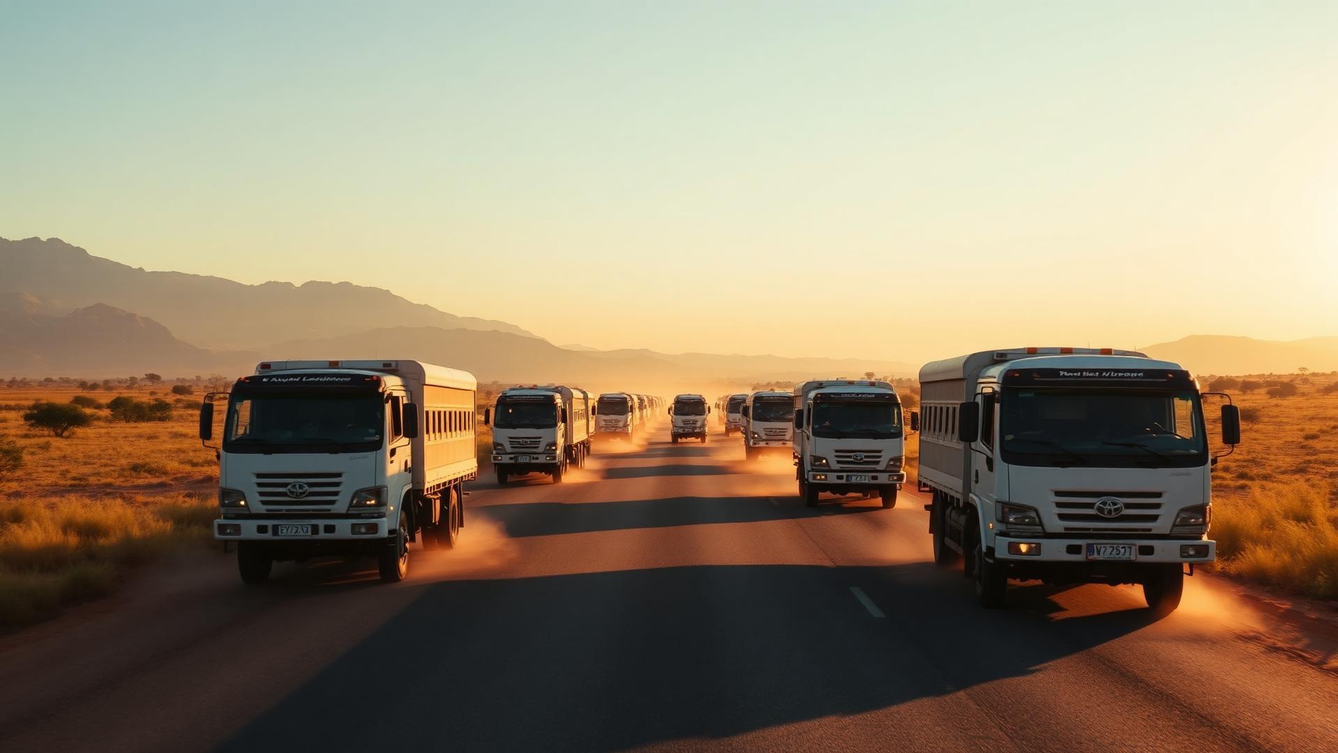 Convoy of humanitarian trucks at sunrise
