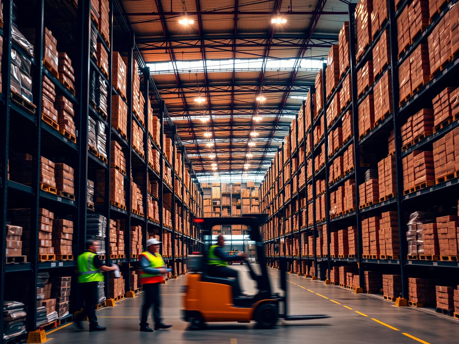 Modern high-bay logistics warehouse in operation
