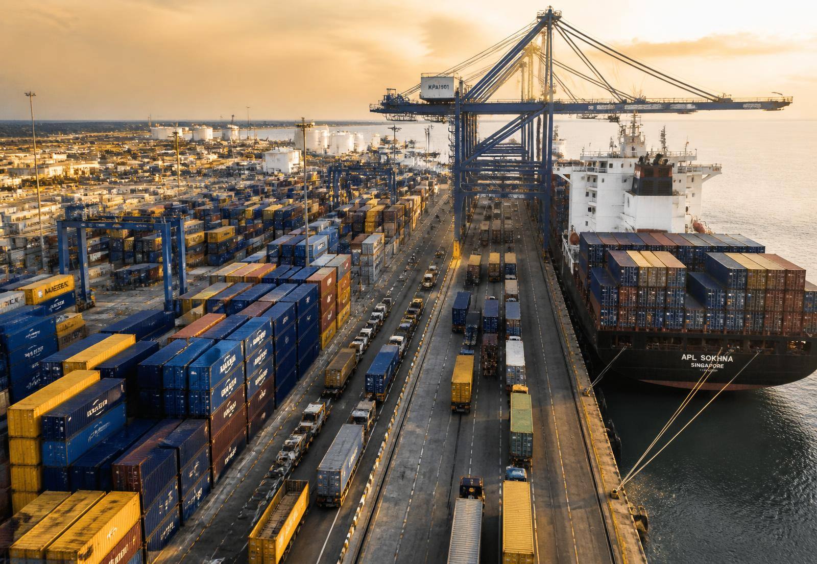 Container port at sunrise where Recom Corp consolidates global supplies