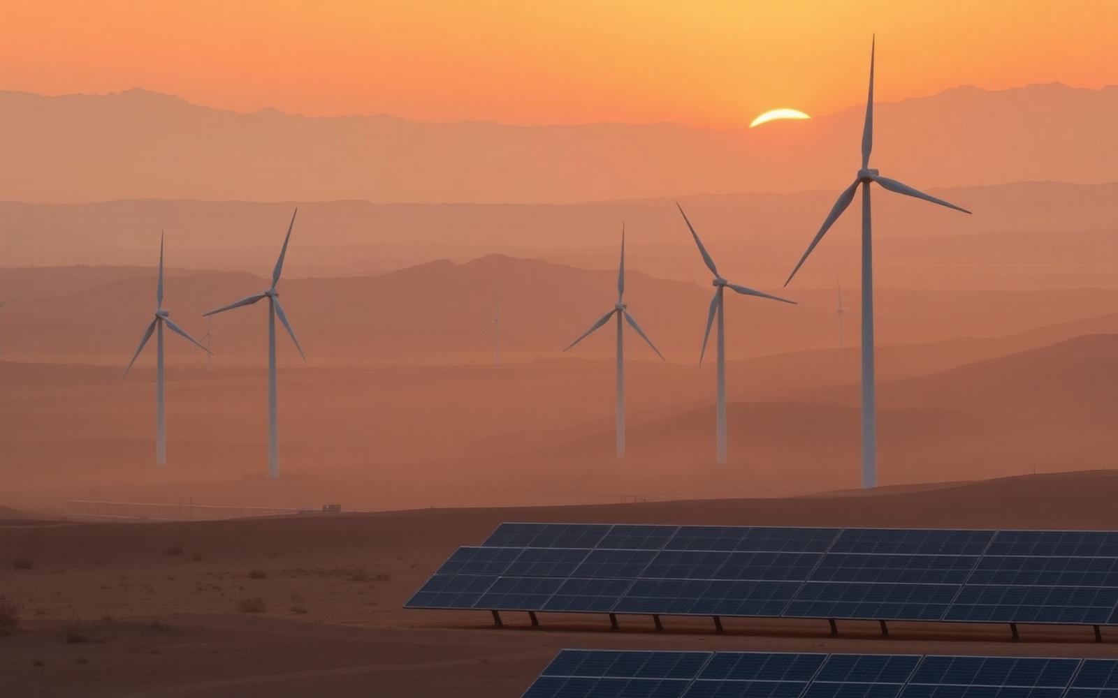 Wind turbines and solar array at sunset in an arid landscape