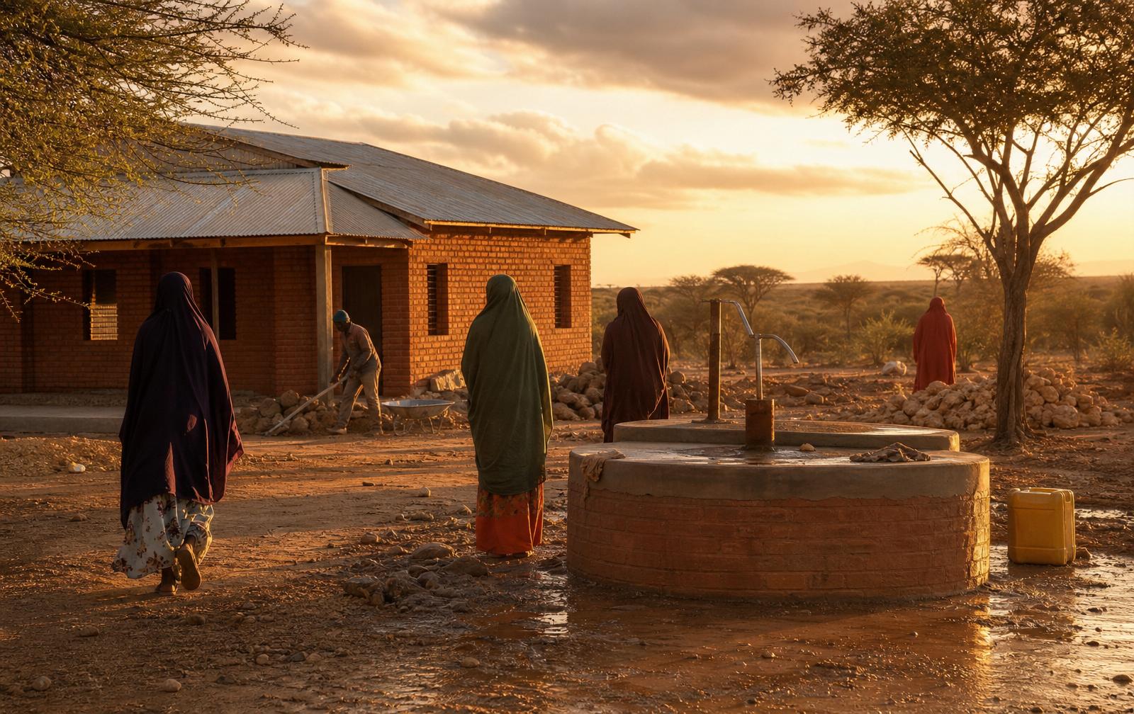 Somali community members gathering at a newly completed water well and health centre in a rural village at golden hour, faces not shown